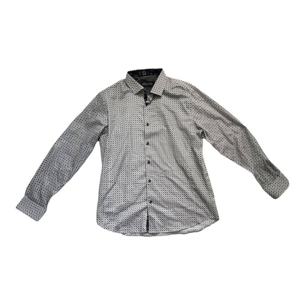 Bolufe Men's Size Large Gray Scallop Pattern Long Sleeve Button Down Shirt